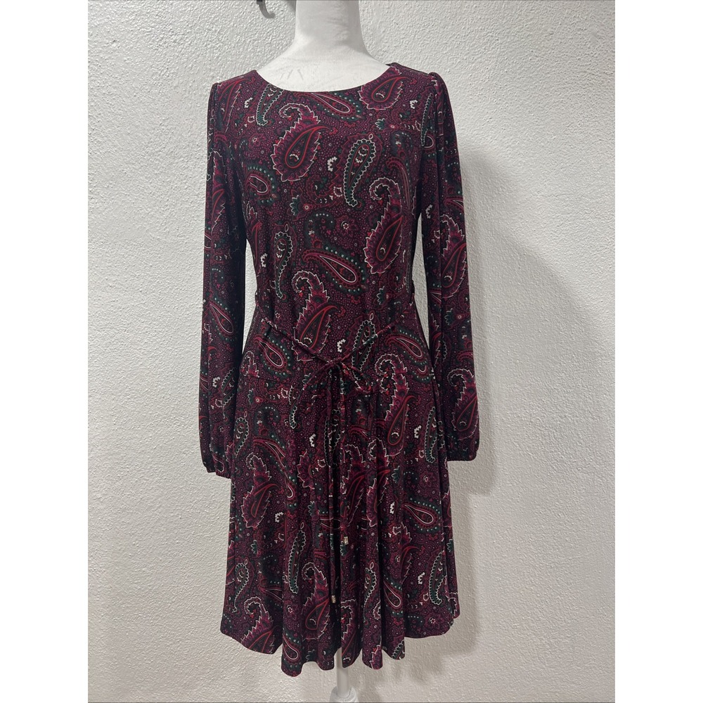 Tommy Hilfiger size 8 purple teal red paisley long sleeve flare dress